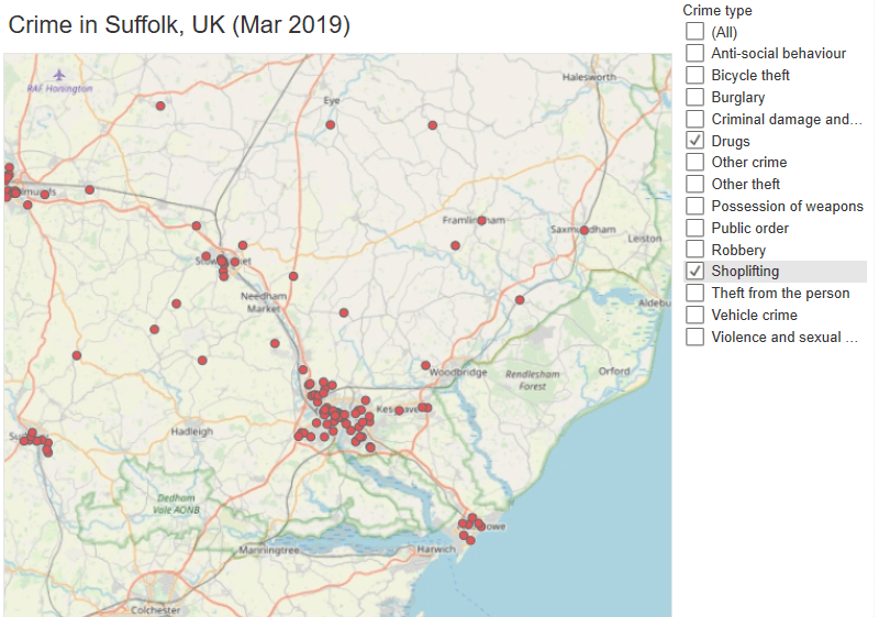 Tableau crime map of Suffolk for March 2019